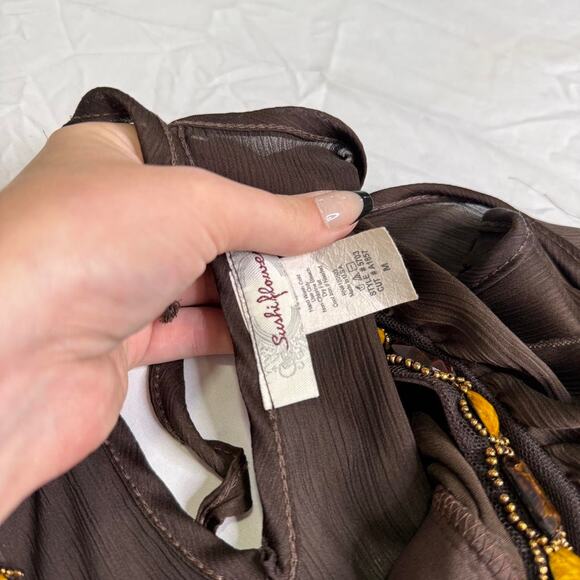 Brown ruffle top with gold yellow brown beaded neckline - Picture 6 of 8